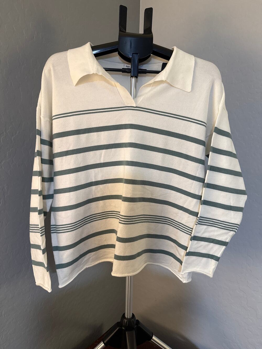 Ivory Collared Sweater with Light Green Stripes - Women’s XL